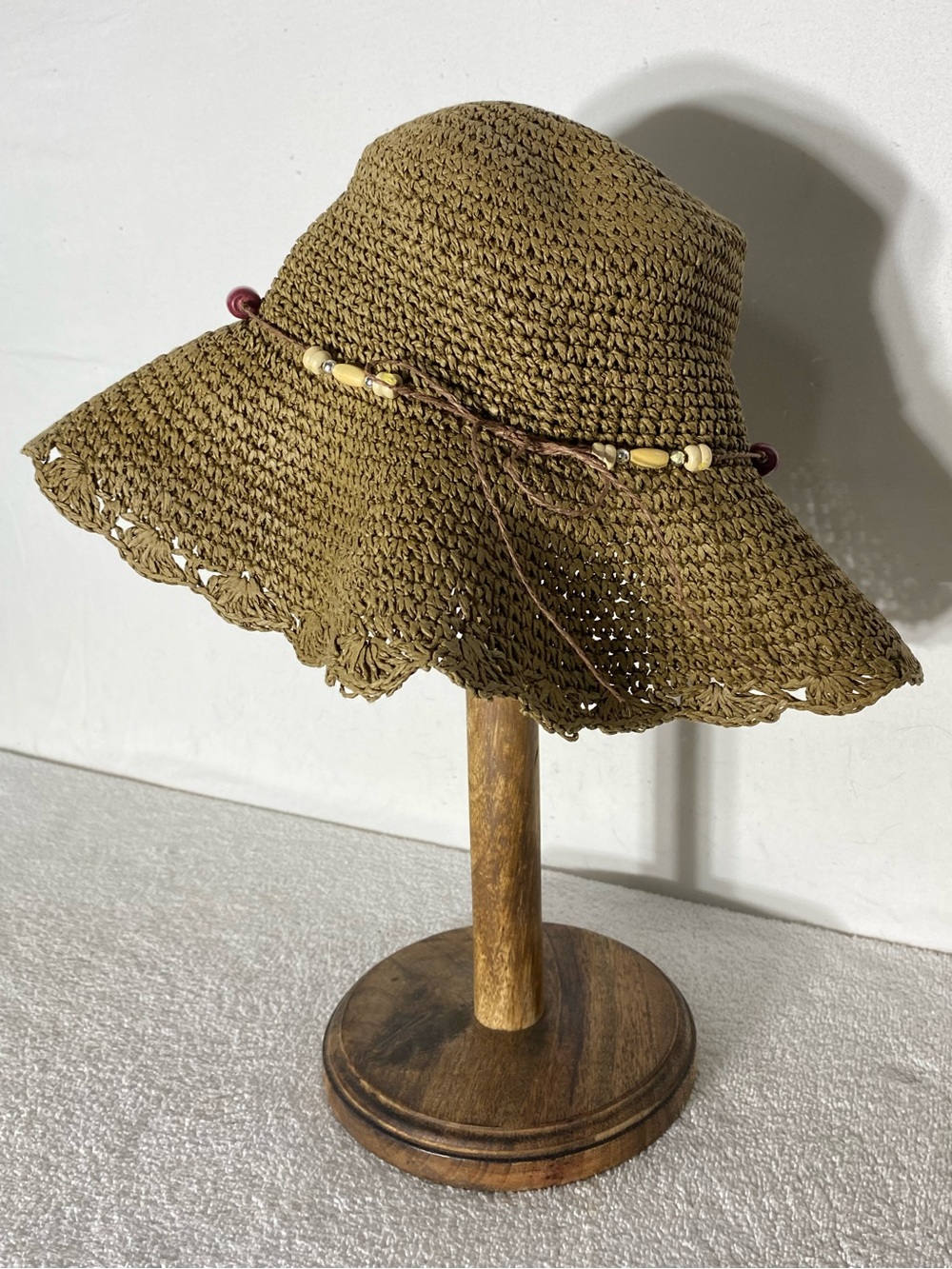 Vintage Bohemian Woven Paper Yarn Bucket Hat W Beaded Cord Trim Floppy Sun Hat